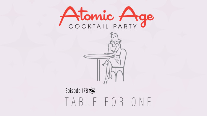 Atomic Age logo with an image of a woman sitting alone at a table. Text reads 