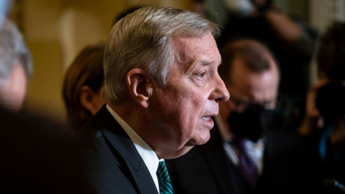 Senator Dick Durbin (D-IL) speaks during a press availability following the democratic party luncheon at the United States Capitol on November 2, 2021 in Washington, DC. Durbin has been a member of Congress since 1983, in the Senate since 1997, and he’s been the Democratic whip since 2005. 