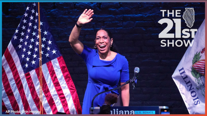 Illinois Lt. Gov. Juliana Stratton waves during a primary election night watch party after winning the Democratic primary for U.S. Senate, Tuesday, March 17, 2026, in Chicago. 