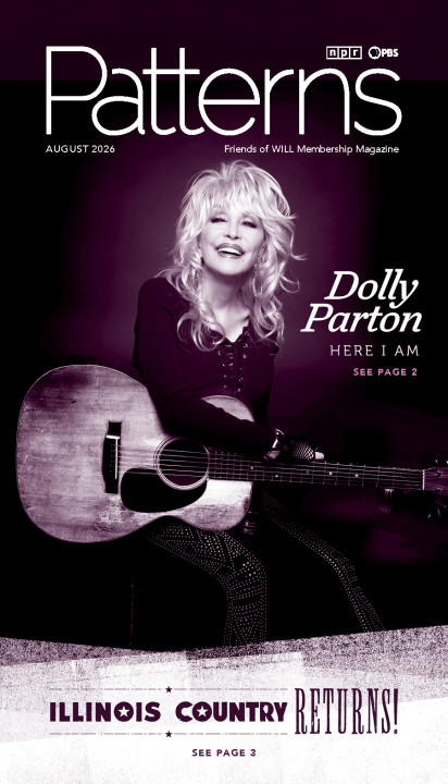 A photo of Dolly Parton with a guitar with text Dolly Parton: Here I am, See page 2. And text saying Illinois Country Returns, see page 3. 