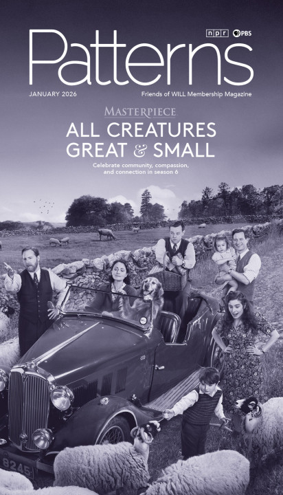 A photo from season 6 of All Creatures Great and Small with the major characters gathered around an car in a sheep field. Text reads All Creatures Great and Small, Celebrate Community, Compassion and Connection in season 6.