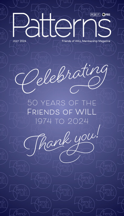 Celebrating 30 Years of the Friends of WILL, 1974 to 2024, Thanks. Text looks kind of neon on a dark blue background that has a 50th anniversary logo.