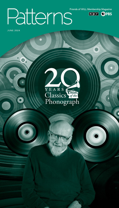 Photo of John Frayne surrounded by vinyl record albums and the 20th anniversary logo for Classics of the Phonograph