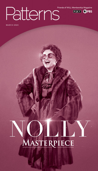A photo of the primary character for Nollly on MASTERPIECE. It show soap star Nolly in a fur coat and large round glasses.