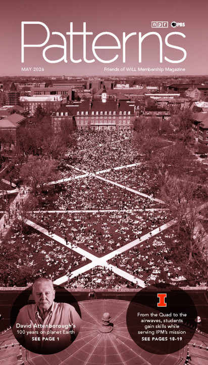 Photo of the U. of I. Quad with many students. Smaller photo at bottom features David Attenborough with the words 100 years on planet Earth, see page 1. 
