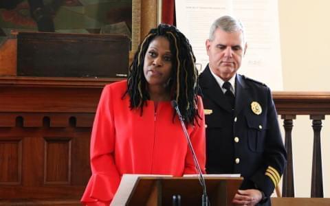 Teresa Haley, president of the Illinois Chapter of the NAACP, talks about "the 10 Principles" agreement with the Illinois Association of Chiefs of Police in an event at the Old State Capitol in Springfield on March 22, 2018.