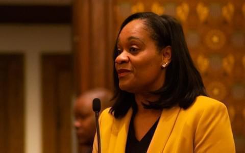 Illinois Senate Majority Leader Kimberly Lightford addresses her colleagues on the floor of the state Senate in January 2020.