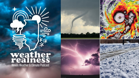 Upper row: Tornado in Champaign County, Satellite image of Hurricane Melissa. Lower row: Thunderstorm in Champaign County, Snowy sidewalk in Urbana.