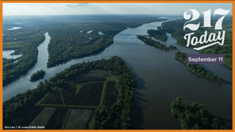 Water flows down the Mississippi River in April 2024 during a Lighthawk flight over Illinois and Missouri.