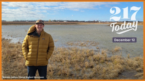 Ross Sorensen stands in front of one of the wetlands at his conservation project near Loda, about 30 miles north of Champaign. The former hops farm now contains over 80 acres of habitat restoration area.