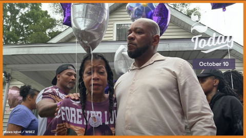 Sontae Massey (right) consoles a teary Donna Massey during a vigil for their loved one, Sonya Massey, Aug. 6 in Sonya’s front yard in Springfield. Sonya Massey was shot and killed by former Sheriff’s Deputy Sean Grayson. Her death has prompted calls from the community for changes to how emergency mental health calls are handled.