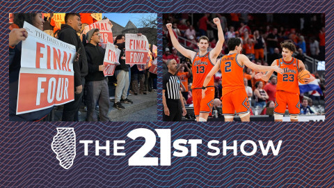 Left: University of Illinois students celebrating on March 28. Right: Illinois center Tomislav Ivisic (13) and guards Andrej Stojakovic (2) and Keaton Wagler (23) celebrate after defeating Houston in the Sweet 16 of the NCAA college basketball tournament Friday, March 27, 2026, in Houston.