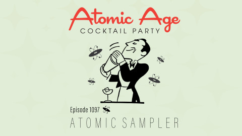 Atomic Age logo with a illustration of a waiter shaking a cocktail shaker. Text reads 