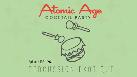 Atomic Age logo with an illustration of drums with drumsticks. Text reads 