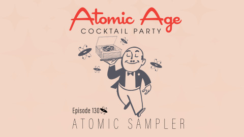 Atomic Age logo with an illustration of a waiter holding a try with a record player on it. Text reads 