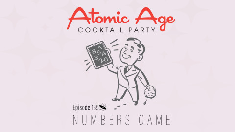 Atomic Age logo with an illustration of man holding a small blackboard tablet where numbers are written. Text reads 