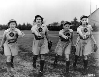 Four pitchers on the 1943 Rockford Peaches warming up.