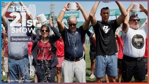 Participants in a ceremony on the 10th anniversary of the Ice Bucket Challenge, from left, Boston Red Sox president and CEO Sam Kennedy, Massachusetts Gov. Maura Healey, John Frates, former Atlanta Falcons quarterback Matt Ryan and former Boston Bruins' Ray Borque pour water over their heads at Fenway Park, Thursday, Aug. 1, 2024, in Boston.