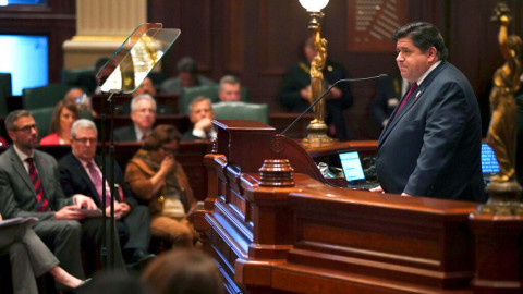 Governor JB Pritzker gives his first State of the State address in January 2020.