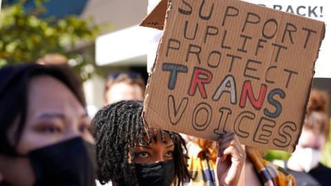 People protest outside the Netflix at Vine building in the Hollywood section of Los Angeles, Wednesday, Oct. 20, 2021. Critics and supporters of Dave Chappelle's Netflix special and its anti-transgender comments gathered outside the company's offices Wednesday, Oct. 20, 2021, with "Trans Lives Matter" and "Free Speech is a Right" among their competing messages.