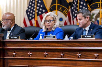 From left, Chairman Bennie Thompson, D-Miss., Vice Chair Liz Cheney, R-Wyo., Rep. Adam Kinzinger, R-Ill., listen to testimony as the House select committee investigating the Jan. 6 attack on the U.S. Capitol holds its first public hearing to reveal the findings of a year-long investigation, at the Capitol in Washington, Thursday, June 9, 2022. 