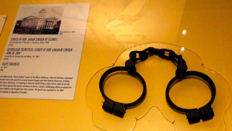 Slave shackles are on display as part of the Undying Words exhibit during an announcement of the schedule of events and activities for next year to mark the 150th anniversary of the end of slavery, the conclusion of the Civil War and the death of Abraham Lincoln at the Abraham Lincoln Presidential Museum and Library in 2014.