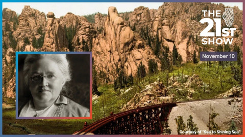 Katharine Lee Bates, the writer of the lyrics for "America the Beautiful" (left) over a still image of the Rocky Mountains featured in the film “From Sea to Shining Sea: Katharine Lee Bates and the Story of America The Beautiful.” 