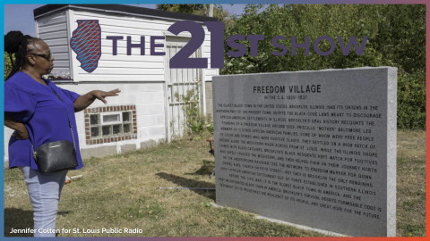 Roberta Rogers looks at a monument at Quinn Chapel AME Church marking Brooklyn, Illinois, as a historic freedom village and honoring founder Pricilla "Mother" Baltimore. Located on Route 66, Brookly is known as America's first Black-majority town and it played a significant role in American-American history.