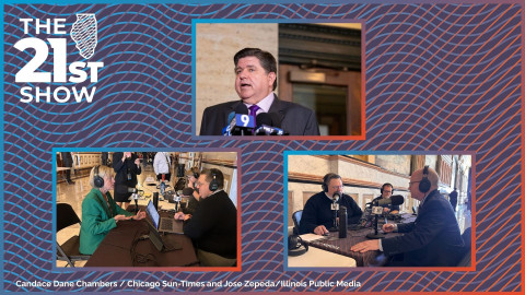 21st Show host Brian Mackey speaks to Illinois House Minority Leader Tony McCombie (Bottom left) and President of the Illinois State Senate Don Harmon (Bottom right) prior to Governor Pritzker's address.