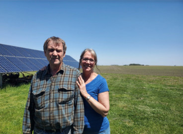 Lee and Karen Brocklesby stand on their farm in Christian County, Illinois, where they had solar panels installed in 2019. Karen has become a vocal opponent of plans to inject CO2 from ethanol plants underground in Illinois. 