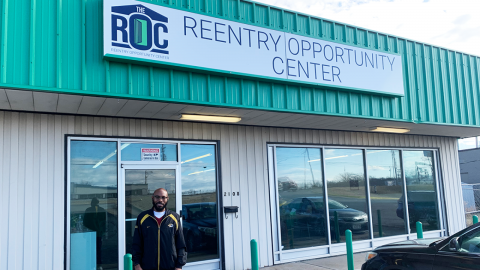 D'Markus Thomas-Brown stands in front of the Reentry Opportunity Center in Columbia, Missouri. The center aims to link people leaving prison to community resources they might need.