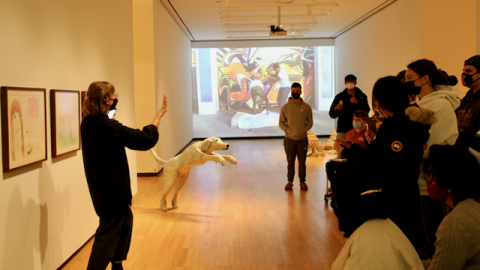 “Crip*” curator Liza Sylvestre introduces the exhibit to a group of University of Illinois at Urbana-Champaign journalism students. The name of the exhibit refers to Crip theory, which states that society’s understanding of disability depends on the definition of “normal.”