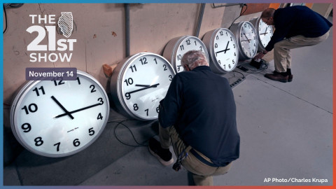 Clockmakers Rich Finn, left, and Tom Erb adjust the time zone controllers on a series of clocks that'll be installed at Paine Field in Everett, Wash., at the Electric Time Company, Wednesday, Oct. 30, 2024, in Medfield, Mass. 