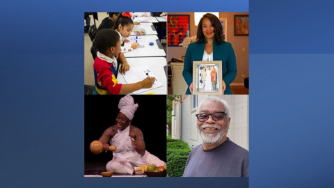 Top row: children in Danville schools, former Evanston alderman Robin Rue Simmons. Bottom row: Dr. Ama Oforiwaa Aduonum, Roger Cooper