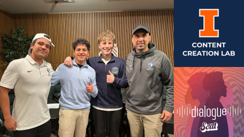 L-R: Eastern Illinois Univ. soccer player Gui Gragnano, Dialogue Teen co-hosts Felipe and Zac, and Eastern Illinois Univ. soccer head coach Ruy Vaz.