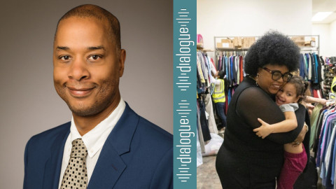 Left: Sean C. Garrick Vice Chancellor for Diversity, Equity, and Inclusion; Right: Luisette Kraal is often at the free clothing store she co-founded in the Uptown neighborhood helping migrants get basic needs or connecting them to resources. She and her husband, Ed, have lived in Chicago for 12 years. They've created a network of support for hundreds of migrants who have recently arrived in Chicago. But due to challenges with their immigration status, they might have to leave the country soon.