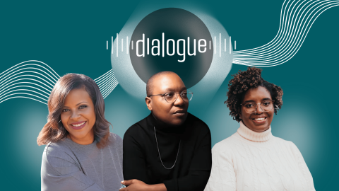 Dialogue logo with pictures of three guests