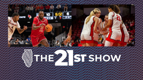 Left: Chase Walker attacks the basket against Auburn in the NIT semifinals. Right: The Illinois State women's basketball team will play in the WNIT championship game Saturday at Marshall University.
