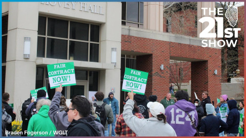 Demonstrators outside Hovey Hall, the main administration building, at Illinois State University on Tuesday, April 7, 2026.
