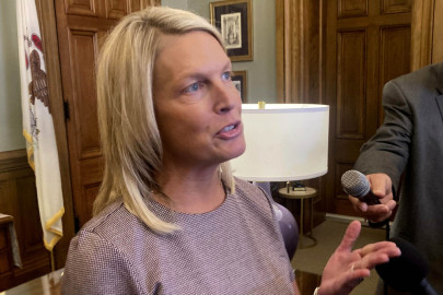 House Minority Leader Tony McCombie, R-Savanna, meets with reporters in her Illinois state Capitol office on Thursday, Nov. 9, 2023, in Springfield, Ill. , following the end of the General Assembly's fall veto session.