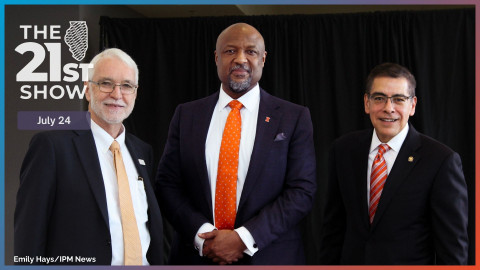 From left: University of Illinois System President Tim Killeen, U of I Chancellor Designate Charles Isbell and Board of Trustees Chair Jesse Ruiz walk out of the board meeting after a unanimous vote on Monday, June 9, 2025 establishing Isbell as the next chancellor. 