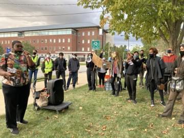 University of Illinois senior, Latrel Crawford, speaks during a protest to defund and abolition University of Illinois Police on the Urbana campus on Oct 1, 2020. 