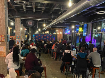 A view of the crowd at Pour Bros. in downtown Champaign, during November's News Brews & Beatz event. The next discussion is Mon. May 9.