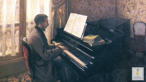 The oil painting Young Man Playing the Piano (1876), by Gustave Caillebotte, showing a man playing piano near a window during daytime. 
