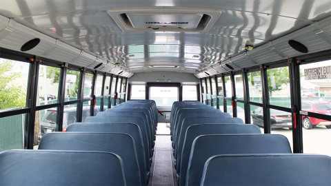The inside of one of Champaign Unit 4’s new school buses on Sept. 8, 2023. Unit 4 buses do not have seat belts.