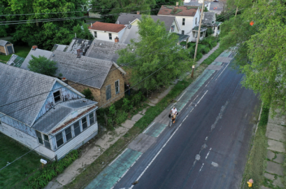 An aerial shot of Peoria's South End where buyers from out of state have been buying dilapidated homes this summer
