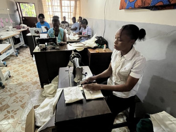 Women with the non-profit Uman Tok make reusable menstrual pads in Freetown, Sierra Leone. 