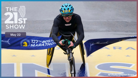 Susannah Scaroni, of Urbana, Ill., breaks the tape to win the women's wheelchair division of the Boston Marathon, Monday, April 17, 2023, in Boston.