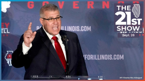 Republican gubernatorial candidate Illinois state Sen. Darren Bailey addresses the crowd after winning the Republican primary Tuesday, June 28, 2022, in Effingham, Ill.