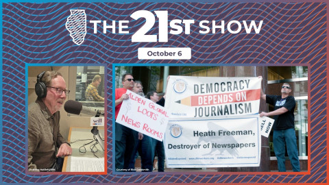 a collage of two images: a man in a brown shirt wearing headphones and speaking into a microphone in a radio studio; and several men from The News Guild labor union demonstrating outside a fancy office building. They're holding up banners that read